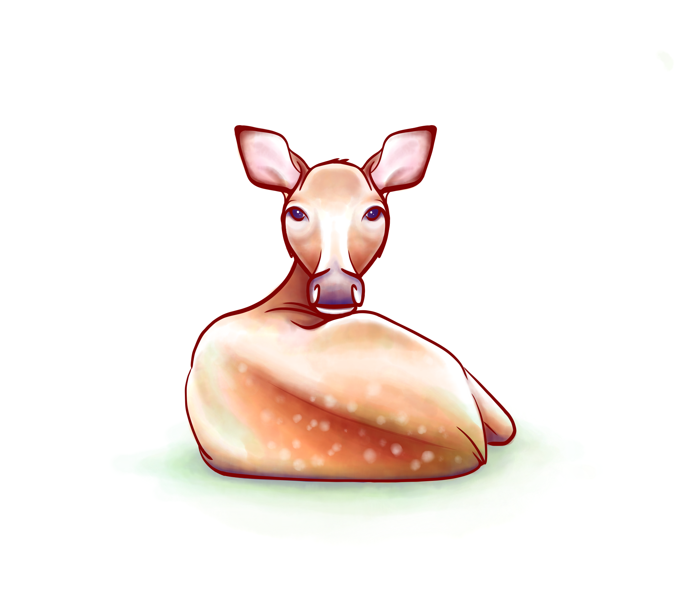 Illustration of a deer curled up on the ground, looking back towards the viewer over it's body, in a watercolor style.