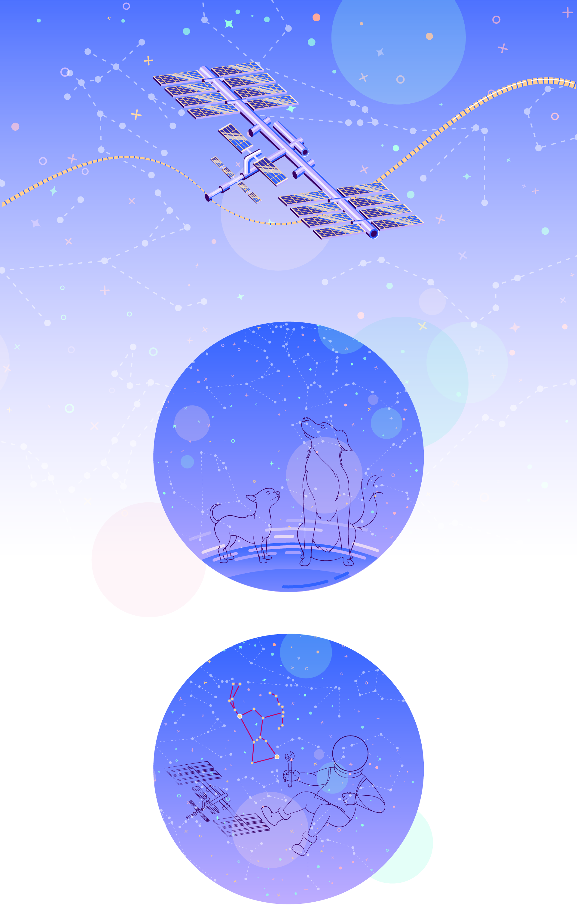 Illustration of the International Space Station, some circles containing constellations in the night sky, and a pastel color palette.