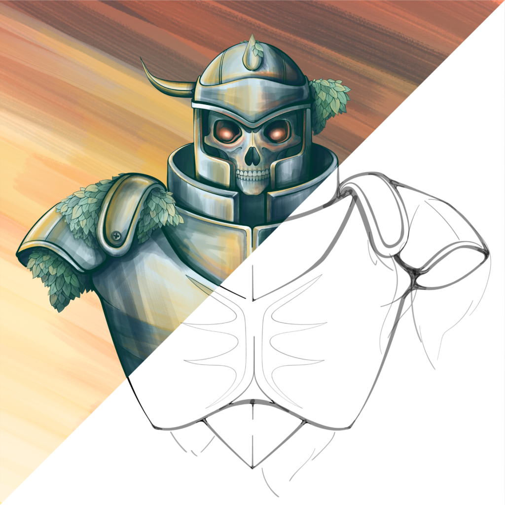 Illustration of the Ancient Hero split diagonally to show the final painting vs the line art