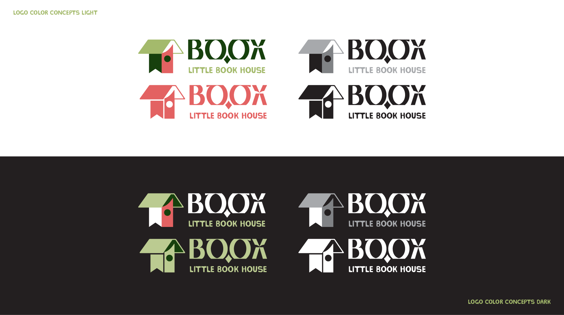 Logo concepts with color variations on light and dark backgrounds.