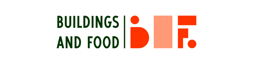 Buildings and Food logo featuring the letters B and F as abstract geometric shapes and a plain rectangle between them.