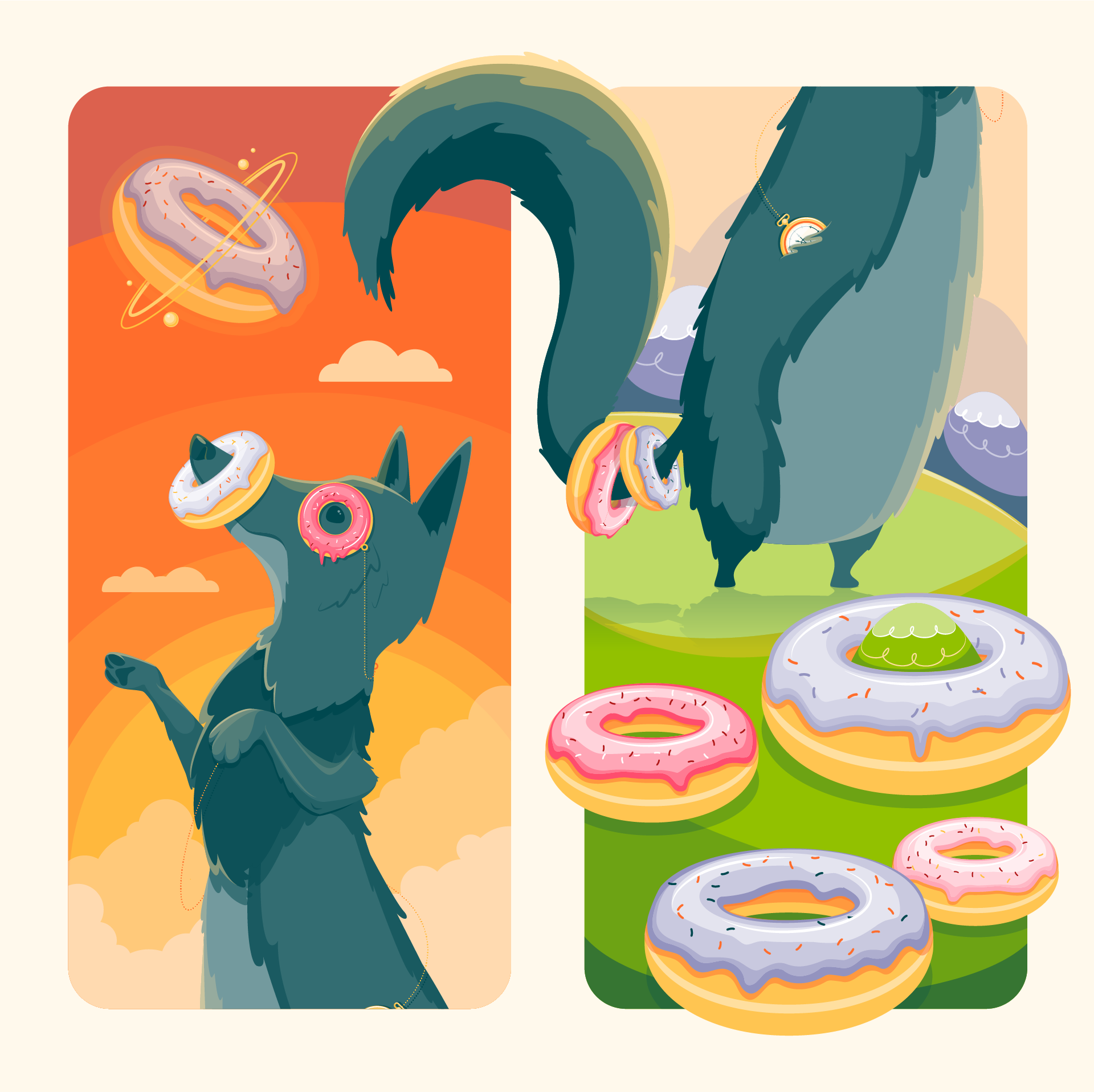 Illustration in a diptych style of a very tall dog on it's hind legs reaching up towards the sky. There's a donut around it's snout, it wears a donut monocle, and donuts dot the landscape below.