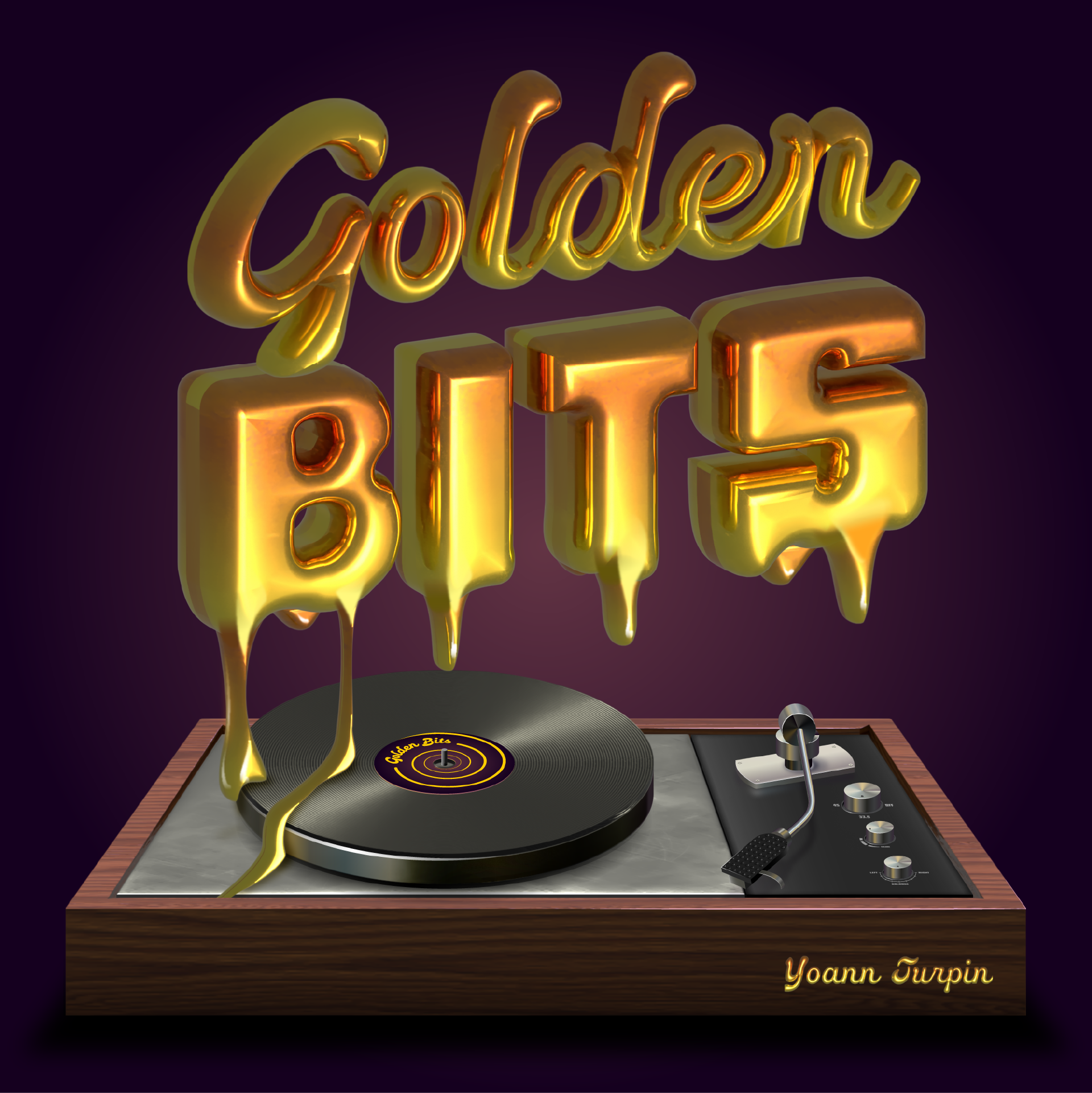 Golden Bits album cover featuring the words in shiny 3D dripping gold over a record player