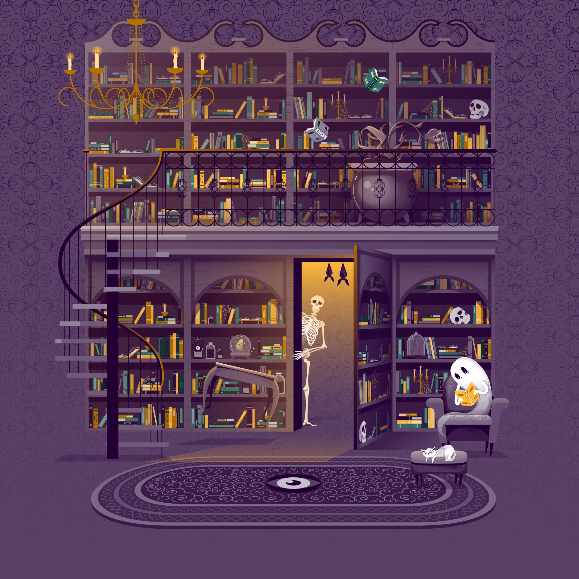 Illustration of a dark 2 level library interior with a chandelier, hovering books, a skeleton peeking out from a secret door, and a ghost reading.