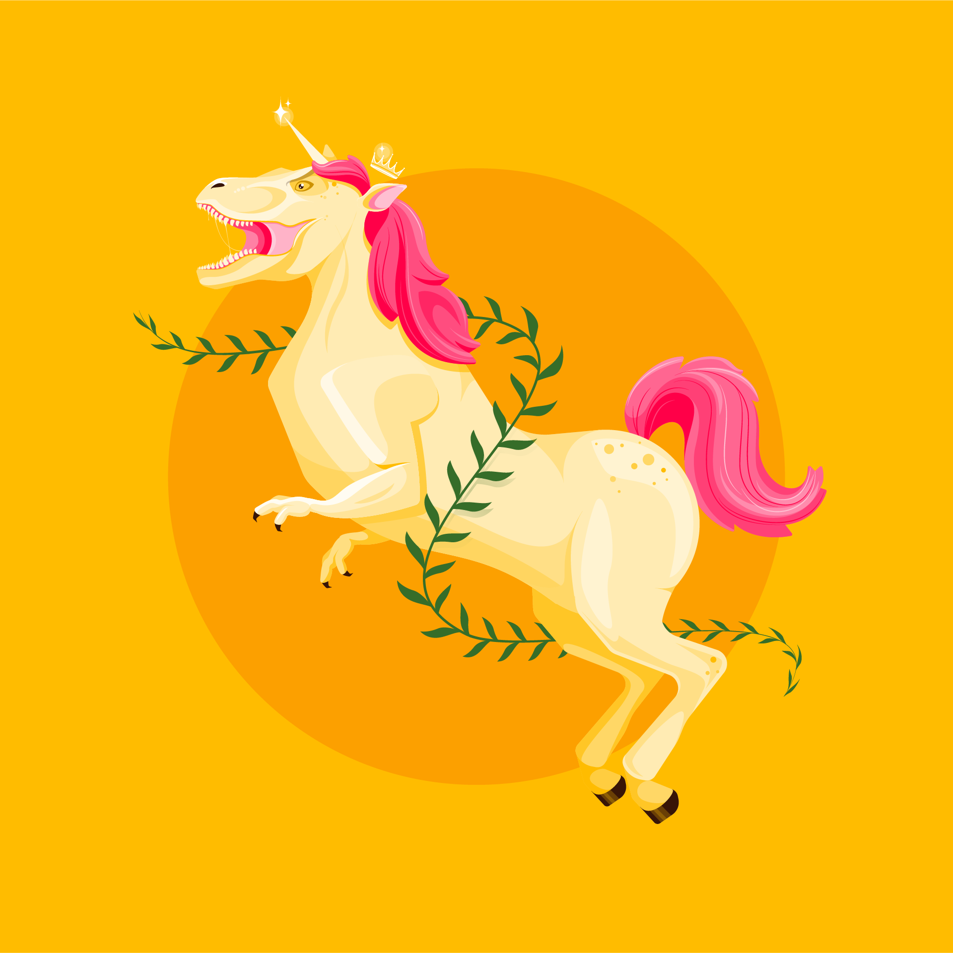 Illustration of a chimera unicorn/T-Rex with a tiny, dainty crown