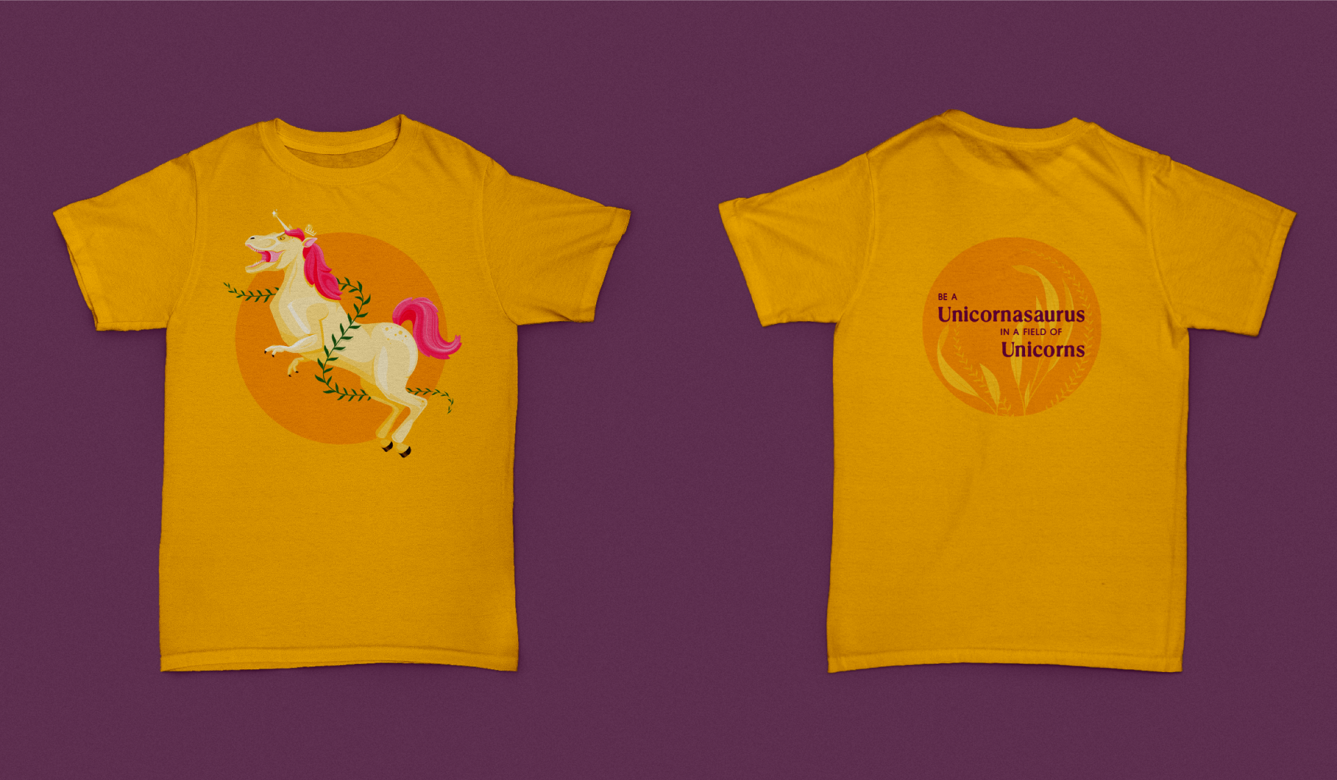 T-shirt mockup with the illustration on the front and "Be a Unicornasaurus in a field of unicorns" on the back