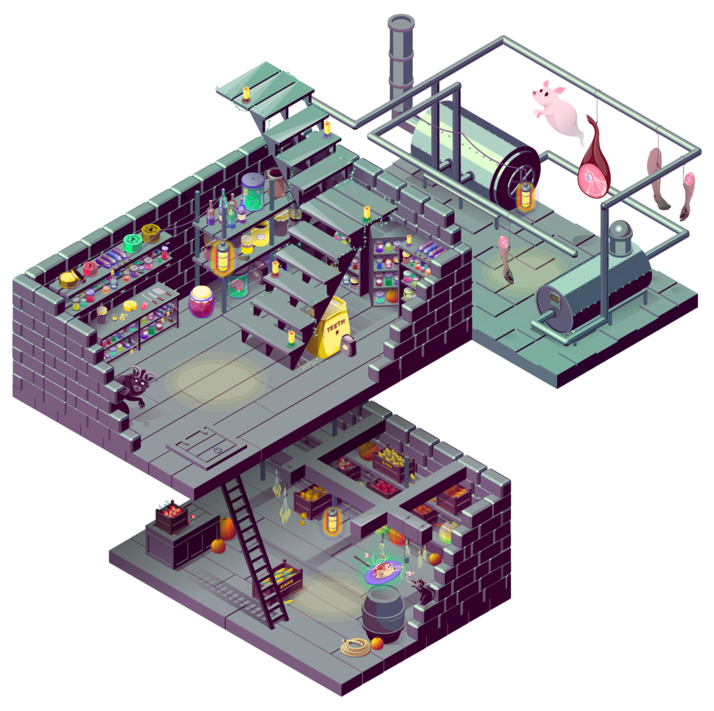 Full Phantom Pantry illustration, 3 floors with the secret boiler room and root cellar sub-basement.