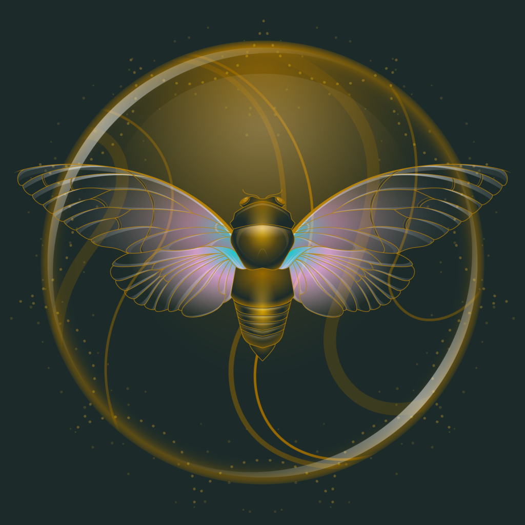 Ghost Cicada, Ayuthia Spectabile. Light illustration on a dark background. Cicada overtop of abstract circular moon or planet shape with golden sparkles.
