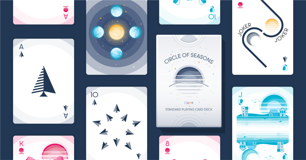 Front facing mock-up of cards and box in offset columns.