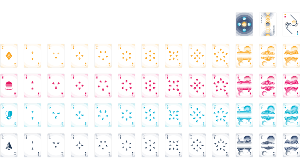 Full deck of card designs, 54 cards total. This includes 10 number cards and the crown cards (king, queen, and jack) in each of the 4 suits, as well as 2 jokers. Also included is the card back design for all 54 cards, and the box art.
