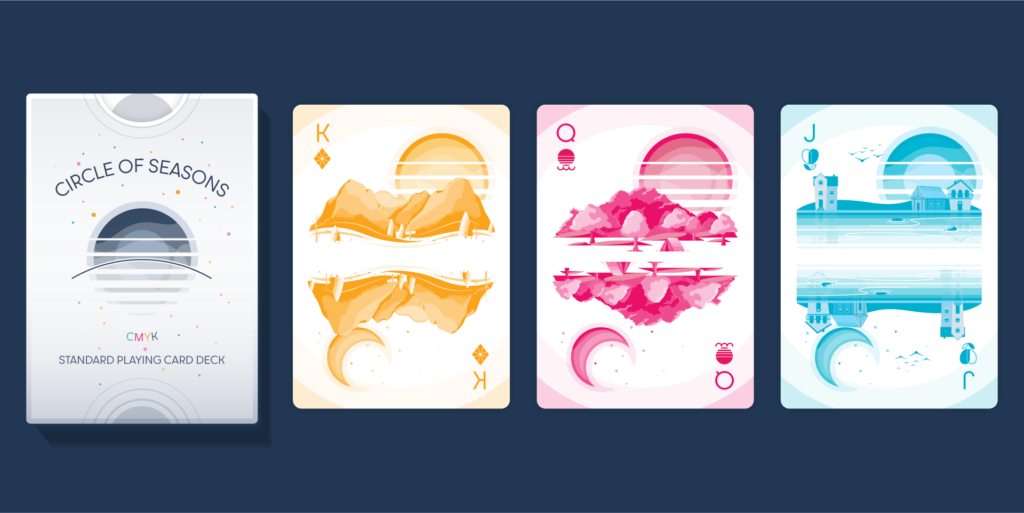 Mock-up showing box on the left, and three crown cards, king, queen, jack, on the right