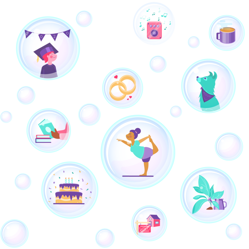 Close-up on pattern tile for bubbles design. Pandemic activities inside iridescent bubbles, coffee cup, music, dog, wedding, reading, yoga, gardening, baking a cake, buying a house, and graduating from school.