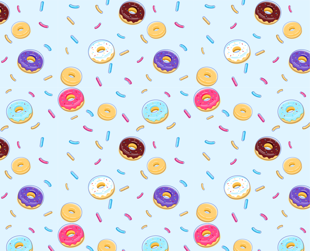 Smaller repeating pattern for donuts, pink, blue, chocolate, white, and purple frosted donuts with sprinkles, glazed donuts, and sprinkles.
