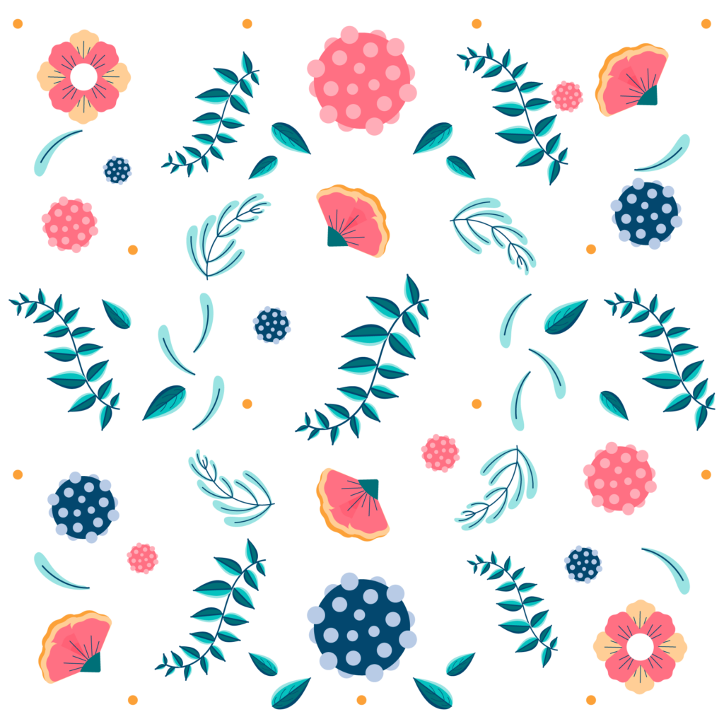 Close-up on pattern tile for wild things design, vines, leaves, flowers, pink flowers, yellow and pink flowers, pink and blue ambiguous flower/virus shapes.