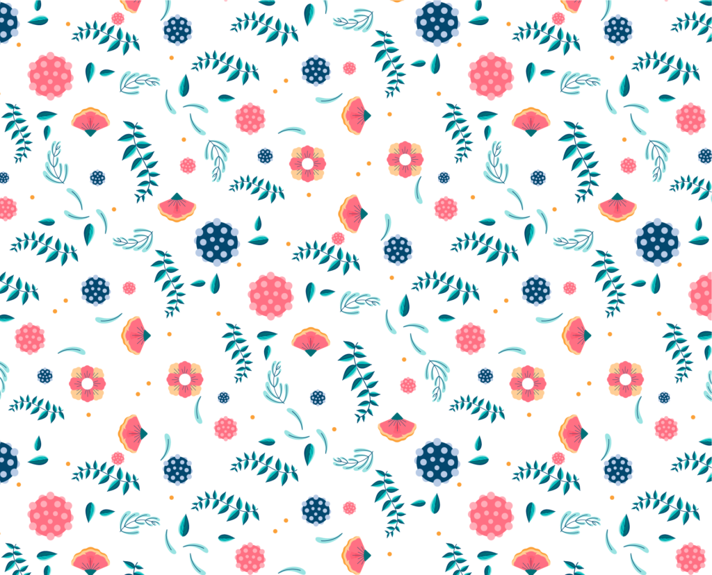 Smaller repeating pattern for wild things design, vines, leaves, flowers, pink flowers, yellow and pink flowers, pink and blue ambiguous flower/virus shapes.