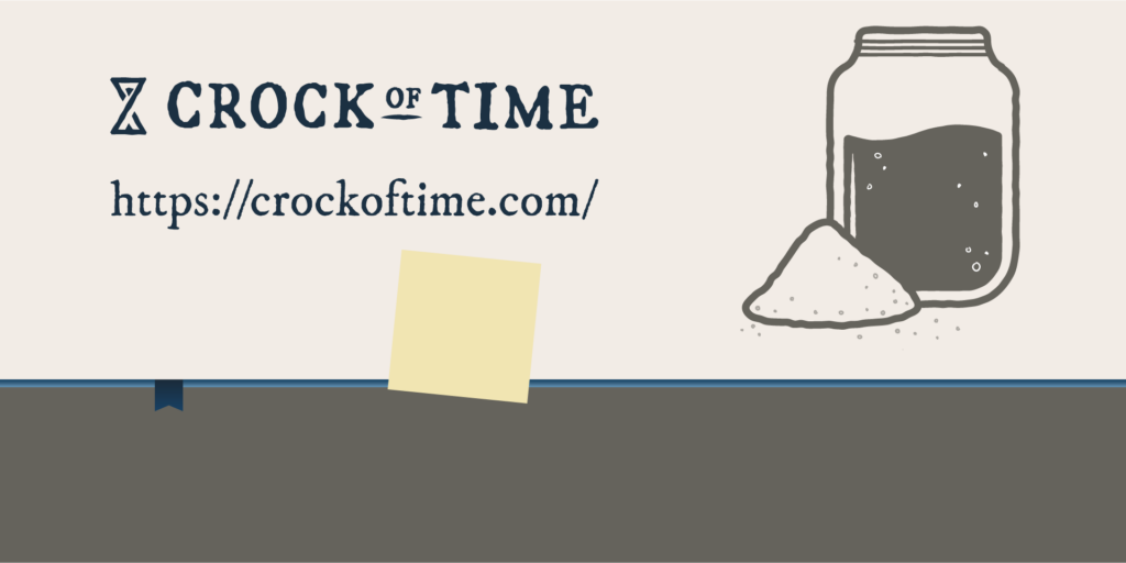 Crock of time logo with website below, http://crockoftime.com/ next to a jar. Bookmark, book, and post it note background