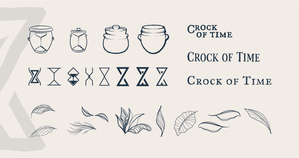 Crock of time logo sketches, crock, hourglass, plant evolutions. Type explorations