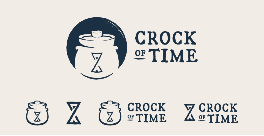 Crock of time primary logo top, One-color blue, textured line work, negative space crock with an infinity hourglass symbol. Separate variation below, crock and hourglass, hourglass, full crock and type, and hourglass with type