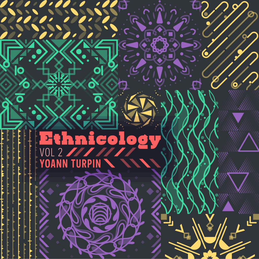 Ethnicology Volume 2 album art. Album title in red surrounded by yellow, green, and purple textures and patterns.