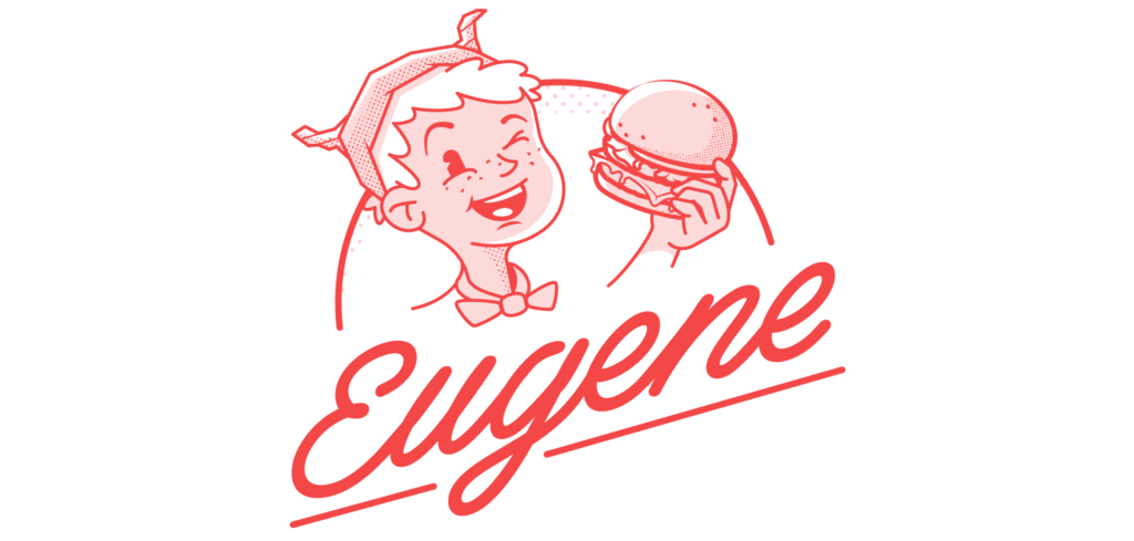 Eugene logo, script text, vintage style cartoon kid wearing a bowtie and tin foil hat, light curly hair, holding a tinman burger, monotone red, halftone dots.
