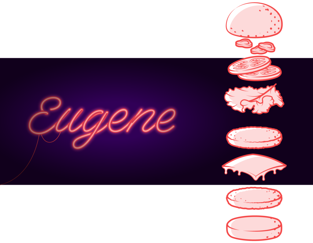 Eugene text as a neon sign mock-up over dark purple background. Exploded view of burger art on the right side, monotone red with halftone textures.