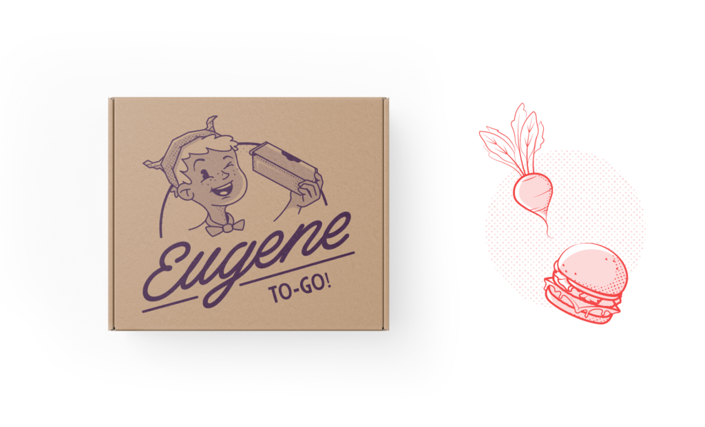 Eugene logo in purple on a brown cardboard carry out box on the left. Veggie and burger art on the right, monotone red, halftone pattern.