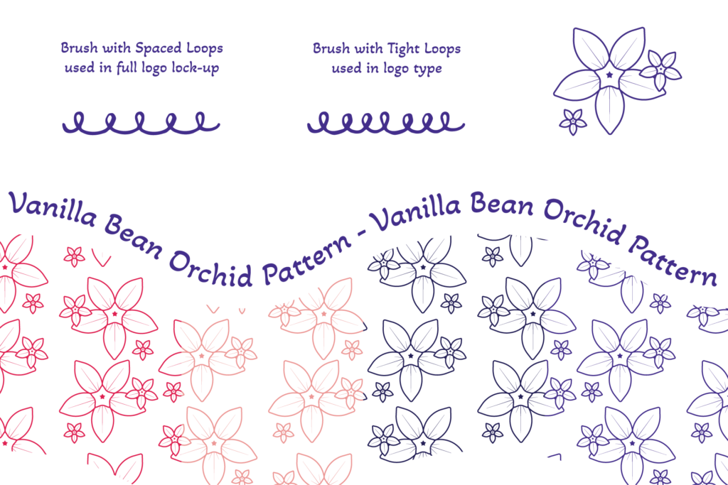 Design elements, brush with spaced loops used in full lock-up, brush with tight loops used in logo type, vanilla orchid icon, and vanilla orchid pattern