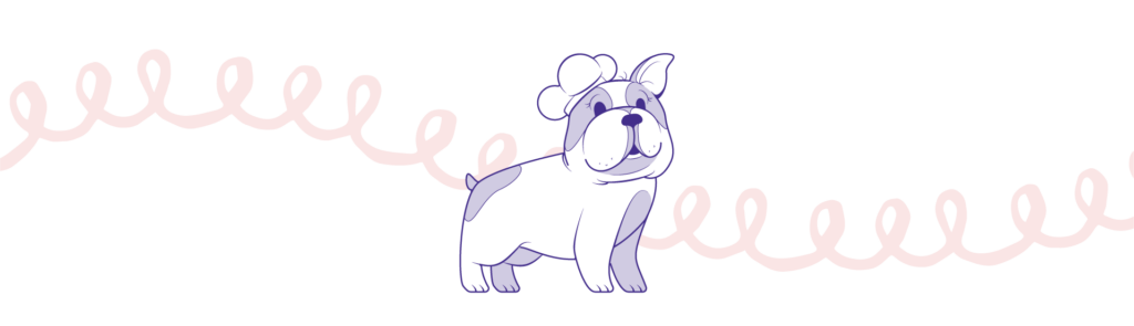 Frenchie's Vanilla mascot standing, side view, wearing chefs hat over looping line in the background