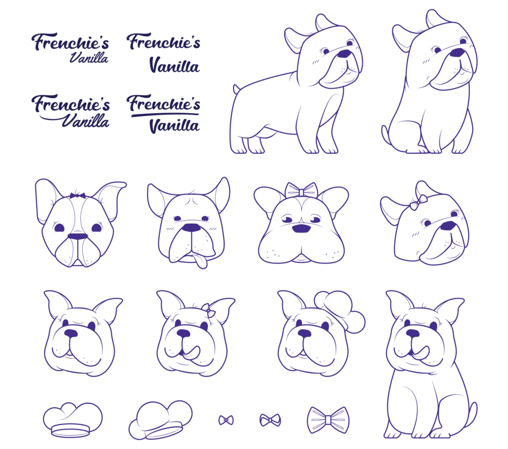 Initial sketches. Top left, Frenchie's Vanilla type lock-ups. Top right, full French bulldog mascot drawings standing and sitting. Middle rows, French bulldog face styles. Bottom row, chef hat and bow accessories, full mascot sitting.