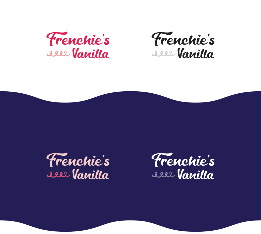 Logotype, "Frenchie's Vanilla" stacked with looping line to fill negative space