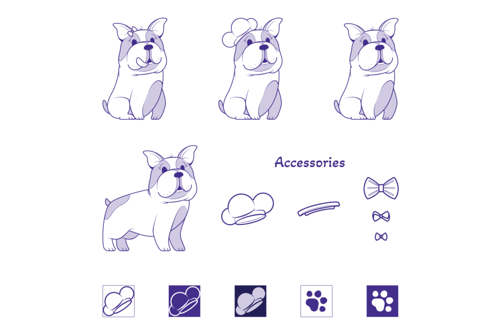 Final mascot designs, top row French bulldog sitting wearing a bow, chefs hat, and plain. Second row French bulldog standing plain, next to chefs hat, barrette and bows. Third row favicons of chefs hat and paw print