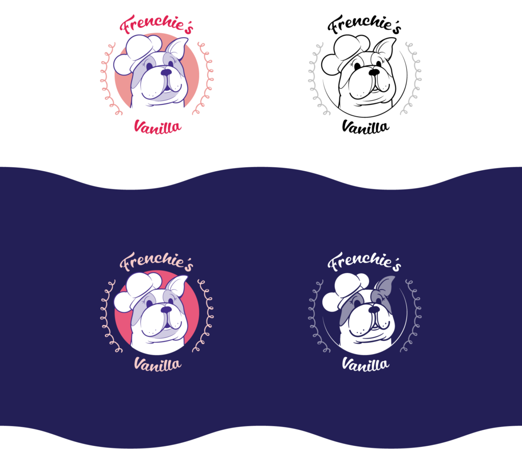 Final logo lock-ups, French bulldog mascot cropped by circle, with shading, and wearing a chefs hat, surrounded by logotype in a circle connected by looping lines. On light and dark backgrounds.