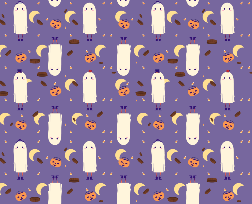 Halloween Pattern, ghost costume, with different hats, pirate, fez, top hat, with pumpkin bucket, candy corn, and chocolate peanut butter cups throughout