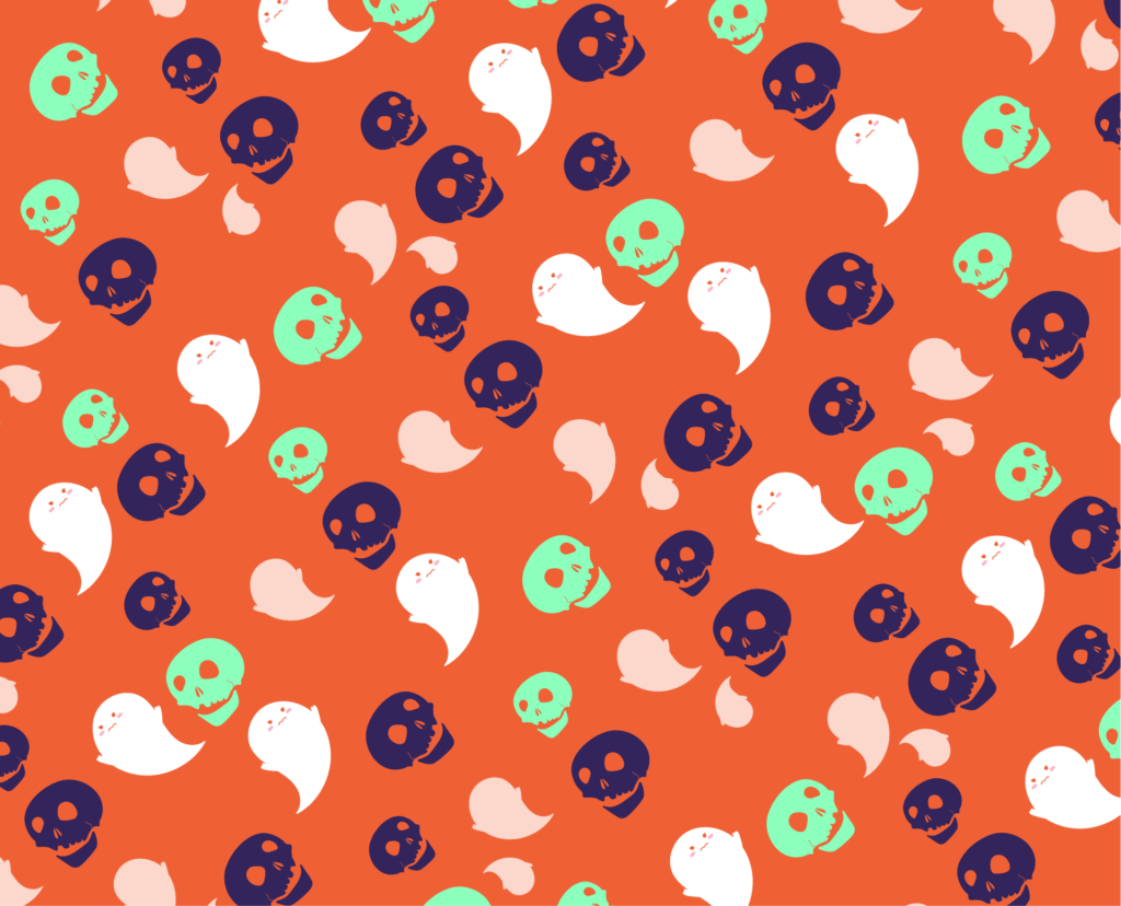 Halloween pattern, white ghosts and green and teal skulls on an orange background.