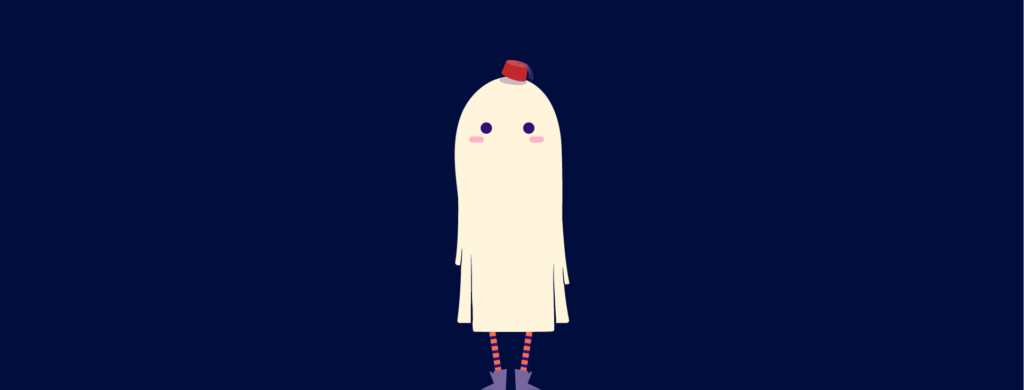 Halloween title art, ghost costume wearing a fez