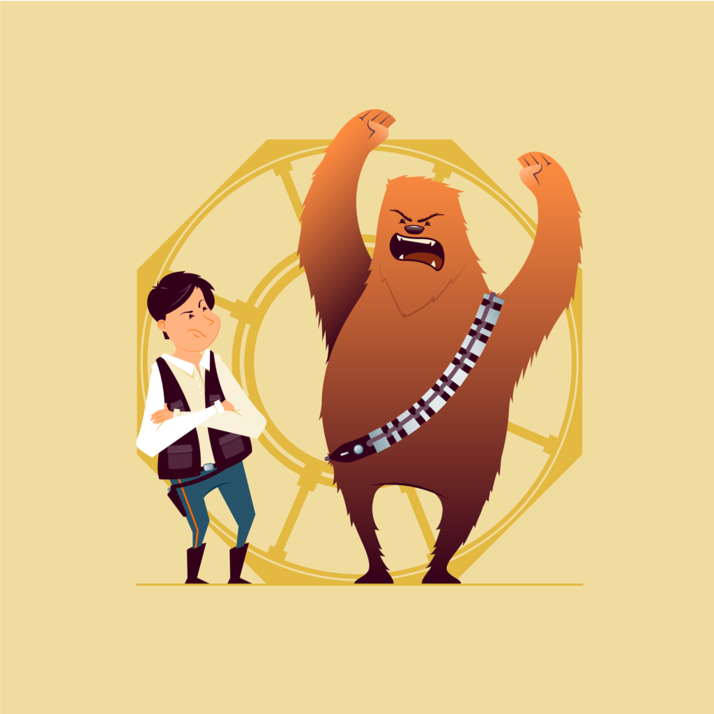 Fan art for Weekly Streamer challenge of Han and Chewie. Stylized characters, Han on the left, Chewie on the right, over a yellow background