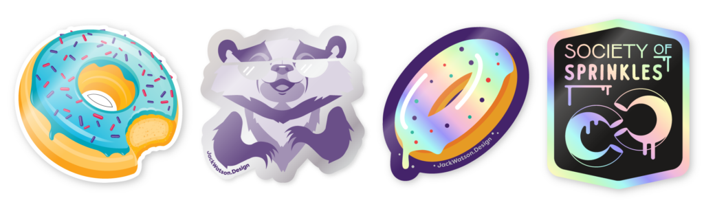 Jack Watson Brand Stickers, first set, left to right, donut blue frosting and sprinkles, Twitch purple dancing badger foil, iridescent frosting donut, and iridescent Society of Sprinkles logotype and logomark with two donut infinity symbol.