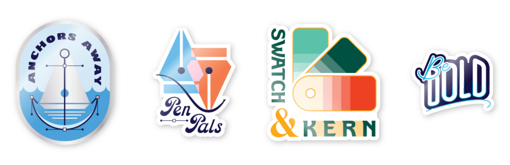 Jack Watson Brand Stickers, second set, left to right, "anchors away" with pen tool ship, blue waves, foil sticker, "pen pals" two overlapping pen tools, blue and orange, "swatch & kern" three swatch cards, green, teal, red, "be bold" comic sans type sticker