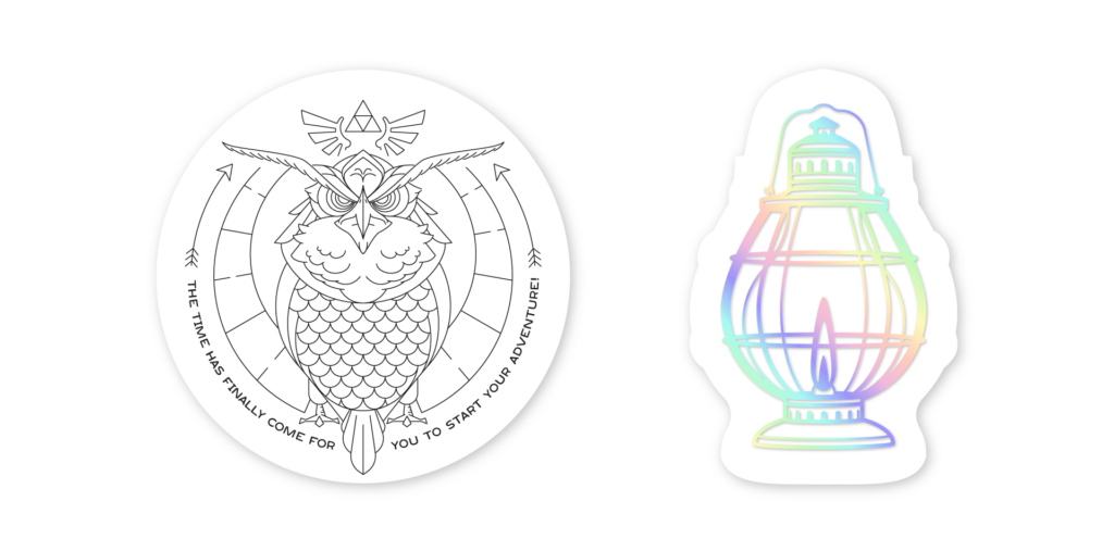 Left, Kaepora Gaebora white paper and pen ink sticker design, owl framed by triforce and arrows, text "the time has finally come for you to start your adventure!" Right lantern sun catcher sticker, foil vinyl on peel and stick special rainbow suncatcher material.