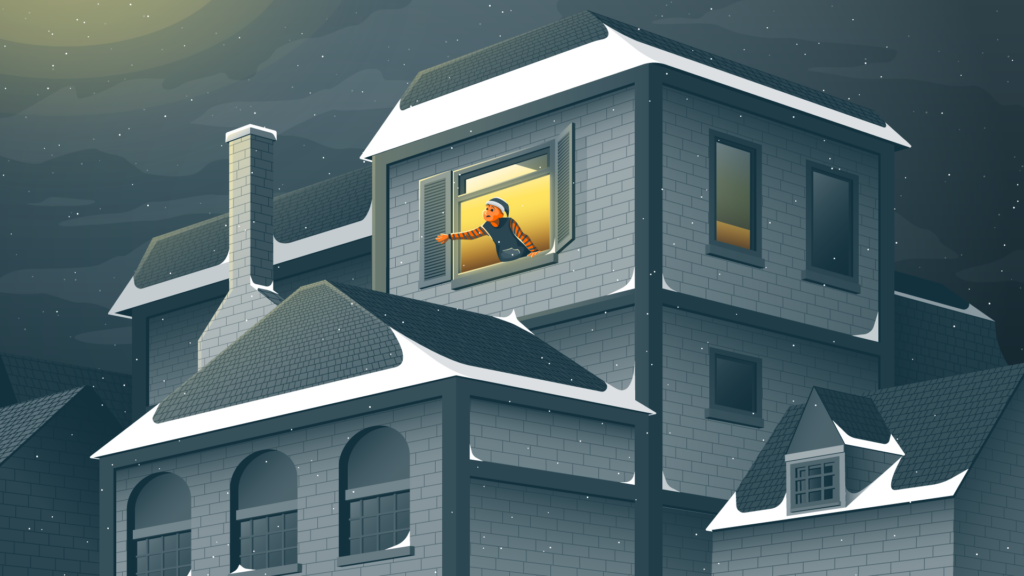 Night before Christmas illustration, character in green and red pajamas looking out open window of a large house. Night scene, cool colors.