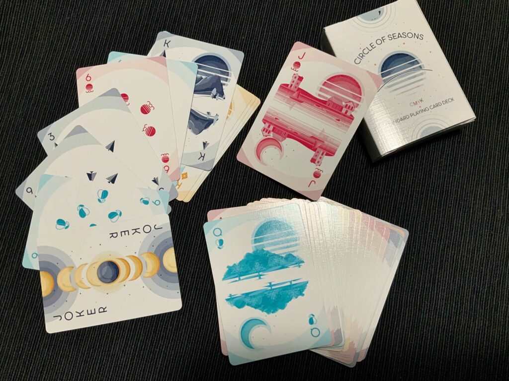 Physical printed cards laid out with box