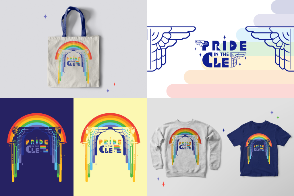 Product mock-ups. Tote bag on the top left, Pride on the CLE alternate design with line art elements from the statues framing "Pride in the CLE" top right. Bottom row left to right, dark and light versions of the full design, gray sweatshirt and blue t-shirt designs.
