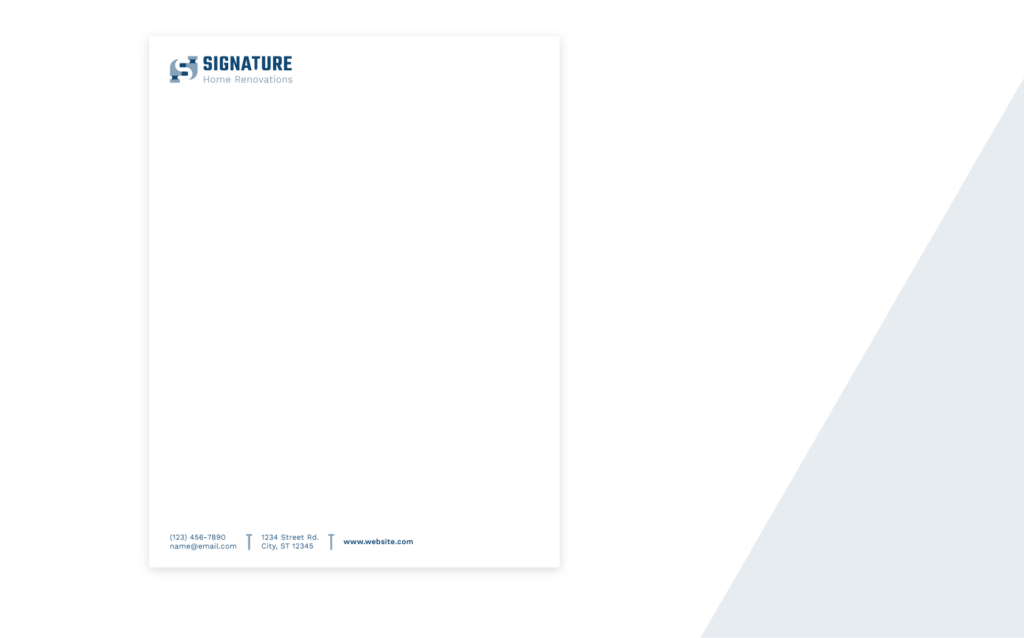 Signature Home Renovations Letterhead mock-up, logo at the top, contact information at the bottom