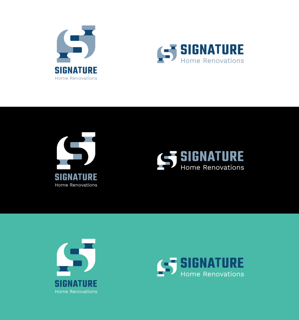 Signature Home Renovations primary logo. Two hammers forming an "S" for the mark, paired with "signature home renovations," Horizontal and vertical lock-ups on light and dark backgrounds
