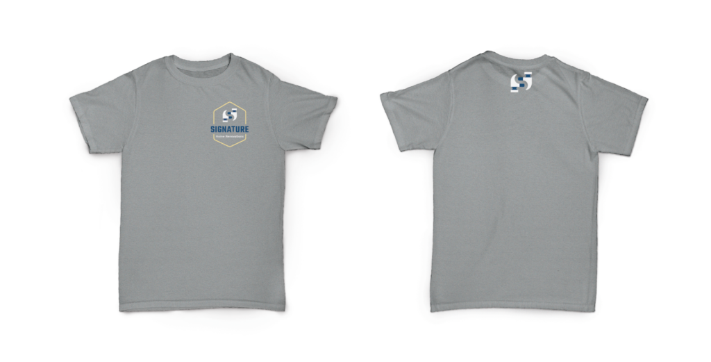 Signature Home Renovations logo badge on the front of a t-shirt and the mark on the back, gray shirt mock-ups