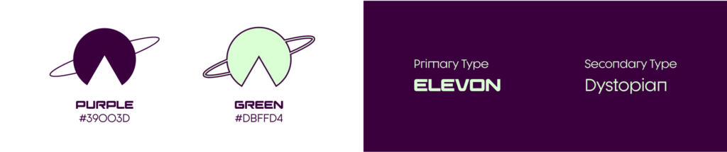 Left color palette, purple and green, right typography, primary font elevon, secondary font dystopian