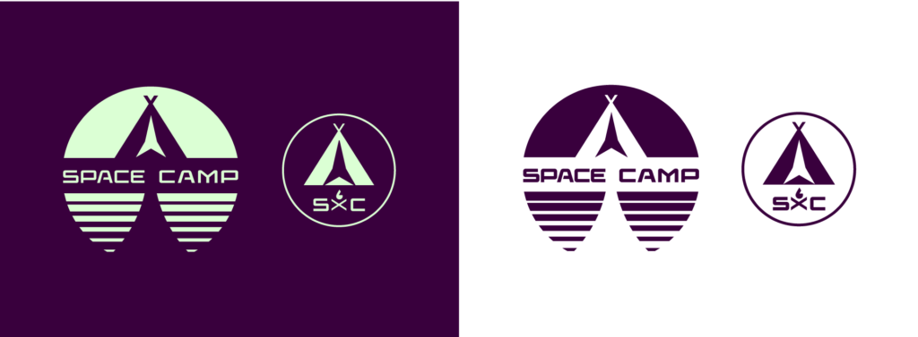 Space camp final logos. Left full logo and logotype, monogram SxC logo in green on dark background. Right full logo and logotype, monogram SxC logo in purple on white background.