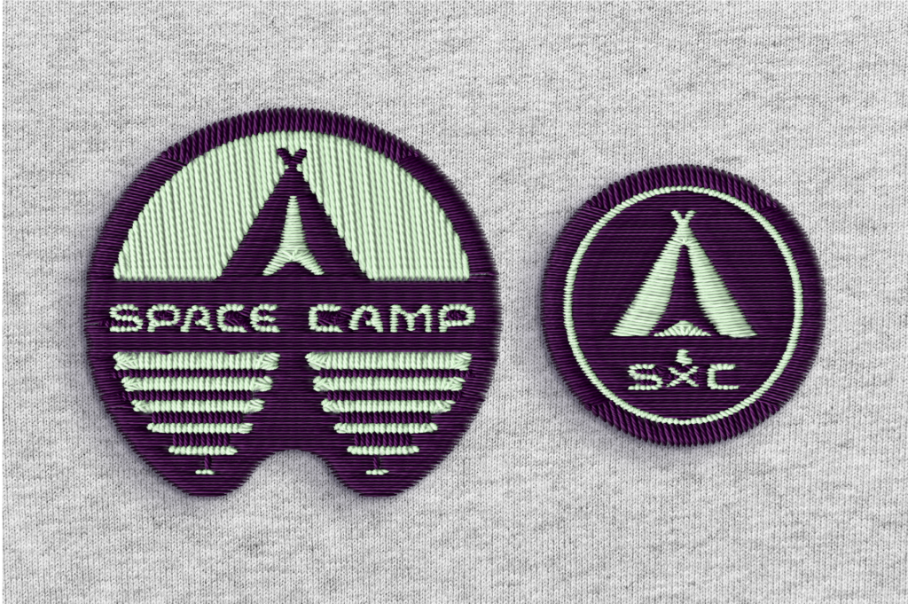 Space camp logo embroidered patch mock-ups. Left full logo and logotype, right monogram SxC logo.