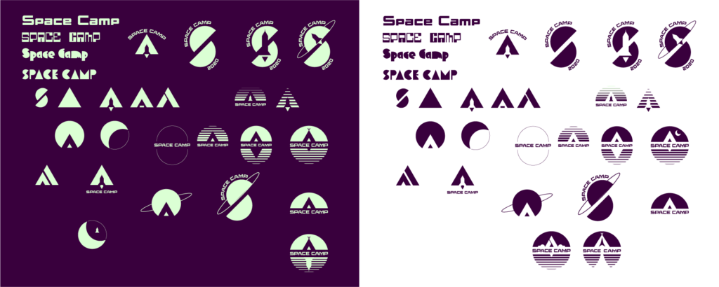 Space camp logo sketches, left dark background, right light background. Logotype and mark explorations.