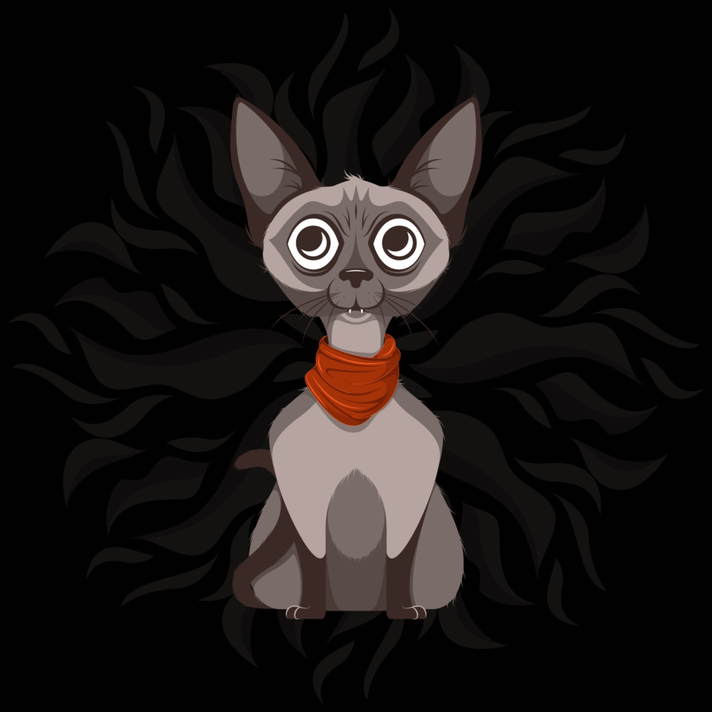 Sphinx cat, gray and white, wide eyed expression, wearing a red bandana. Background radial repeat of crumpled fall leaves on a black background.